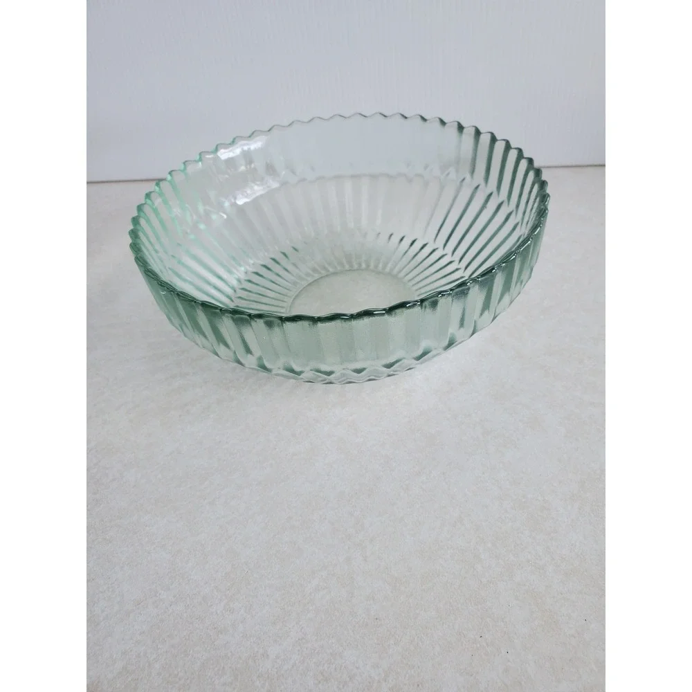 Cottagecore Glass Serving Bowl Light Green Ribbed Scalloped Edge Vintage Style